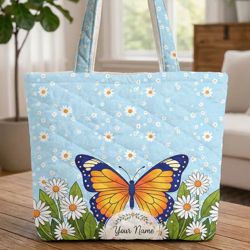 Vibrant Butterfly White Daisy Sky Clouds Foliage - Nature Lover Gift Quilted Tote Bag