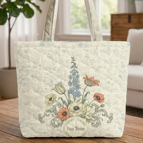 Personalized Floral Wreath Tulips Delphiniums Poppies - Everyday Tote for Nature Lovers Quilted Tote Bag