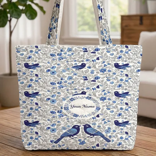 Personalized Name Wreath Stylized Birds Floral Vine - Everyday Bird Lover Home Decor Gift Quilted Tote Bag