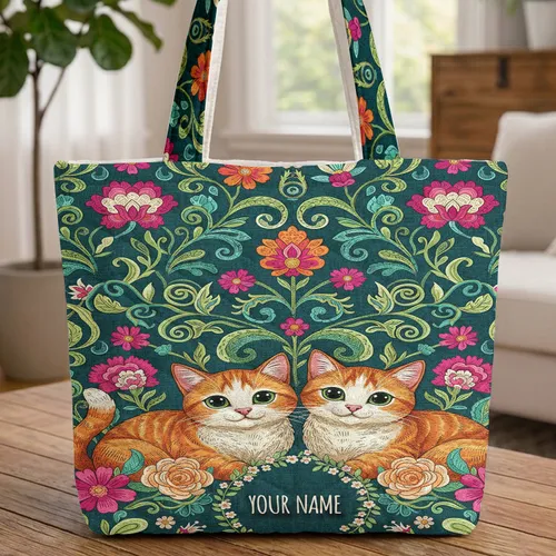 Ginger Cats Botanical Floral Personalized Name - Cat Lover Everyday Tote Quilted Tote Bag