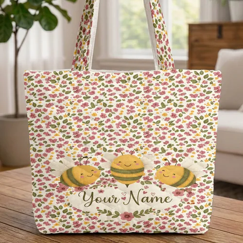 Felt Bees Smiling Faces Floral Wreath 'Your Name' - Nature Lover Everyday Gift Quilted Tote Bag