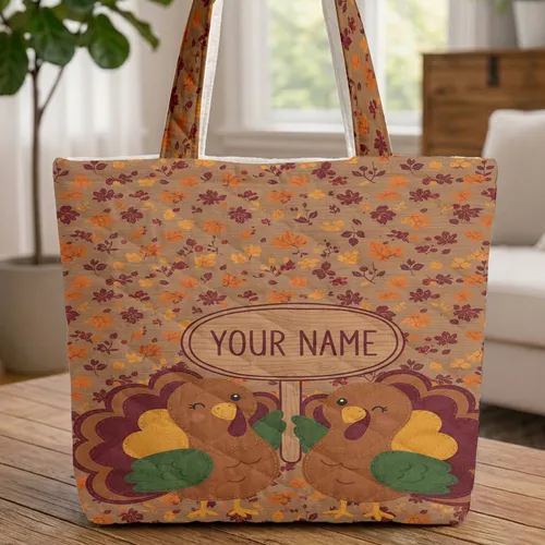 Felt Turkeys Autumn Leaves Berries Wooden Sign Thanksgiving Fall Harvest Gift Quilted Tote Bag