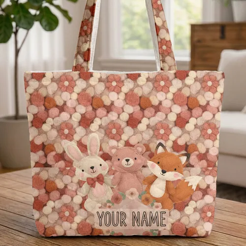 Felt Bunny Bear Fox Pom-Poms Floral Wreath - Personalized Everyday Gift for Kids Quilted Tote Bag