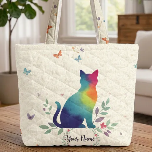 Personalized Colorful Cat Silhouette Floral - Everyday Lifestyle Gift for Her Quilted Tote Bag