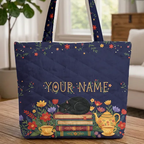 Sleeping Black Cat Vintage Books Garden Flowers - Cat Lover Gift Quilted Tote Bag