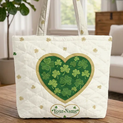 Ornate Shamrock Heart Name Cartouche - Everyday Clover Lover Gift Quilted Tote Bag