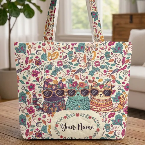 Retro Sunglasses Cats Botanical Floral Wreath - Everyday Tote Cat Lover Gift Quilted Tote Bag