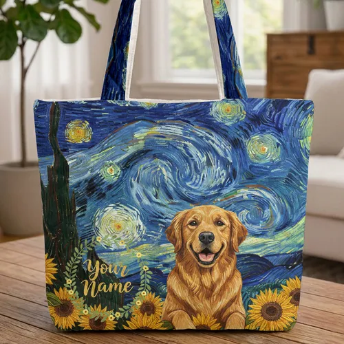Golden Retriever Sunflowers Starry Night Floral Wreath - Home Decor Gift for Dog Lover Quilted Tote Bag