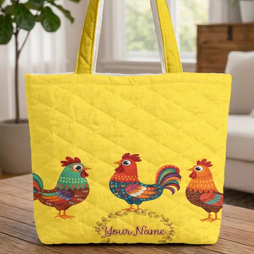 Farmhouse Folk Art Chickens Roosters Personalized Name - Everyday Gift Quilted Tote Bag