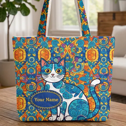 Personalized Long Tail Oval Medallion Cat - Everyday Tote Gift for Cat Lover Quilted Tote Bag