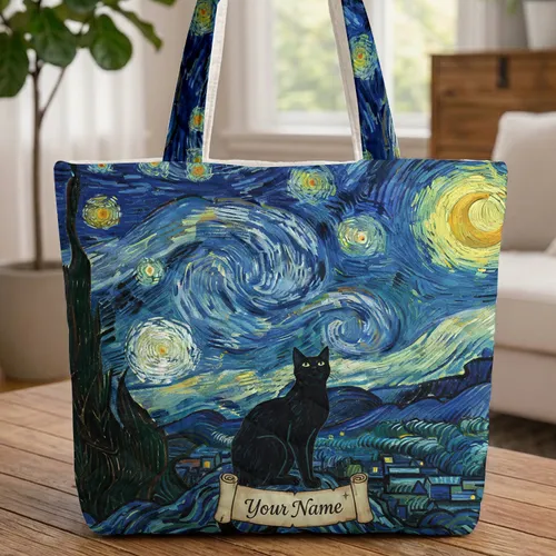 Black Cat Starry Sky Cypress Village Scroll Name - Cat Lover Everyday Lifestyle Gift Quilted Tote Bag