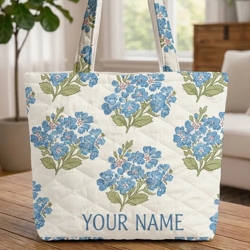 Blue Botanical Flower Clusters Sage Green Leaves - Everyday Essential Quilted Tote Bag