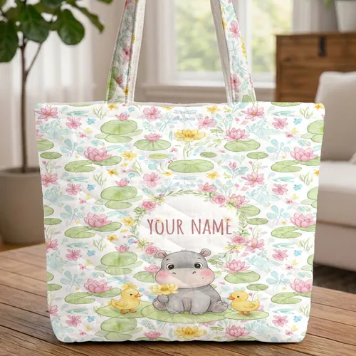 Baby Hippo Duckling Water Lily Wildflower Dragonflies - Nature Lover Gift Quilted Tote Bag
