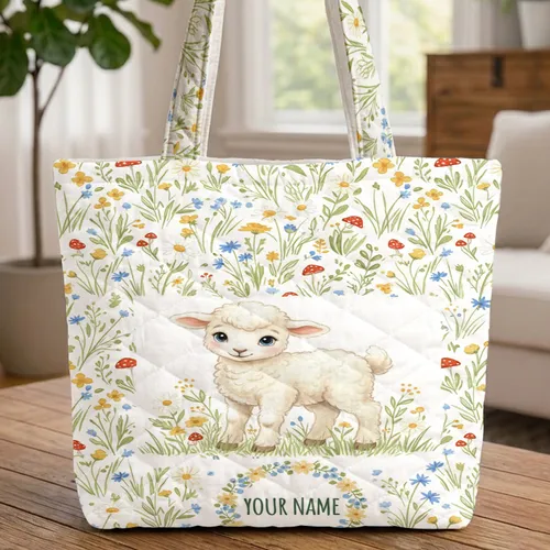 Lamb Wildflower Meadow Floral Wreath - Children's Everyday Gift Quilted Tote Bag