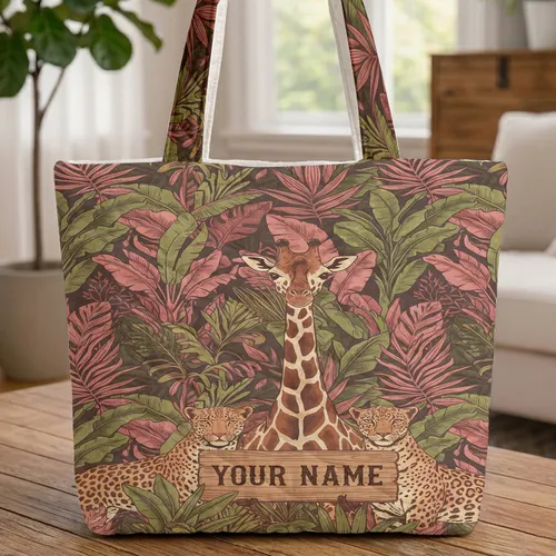 Giraffe Leopard Tropical Jungle Foliage Safari Animals - Wildlife Lover Gift Quilted Tote Bag
