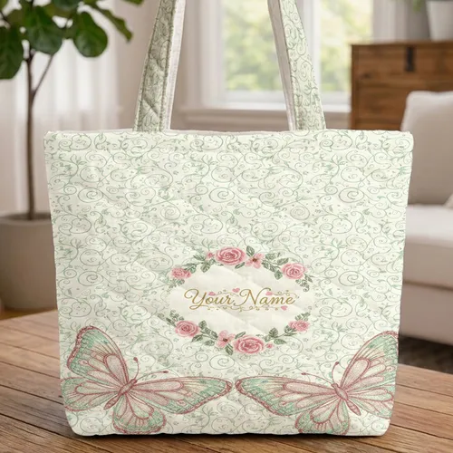 Ornate Iridescent Butterflies Floral Vine Wild Roses - Everyday Carry Gift Quilted Tote Bag