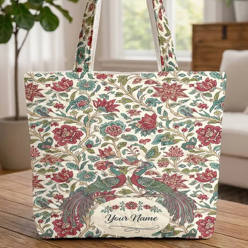 Exotic Birds Songbirds Floral Wreath Personalized Name - Personalized Gift Quilted Tote Bag