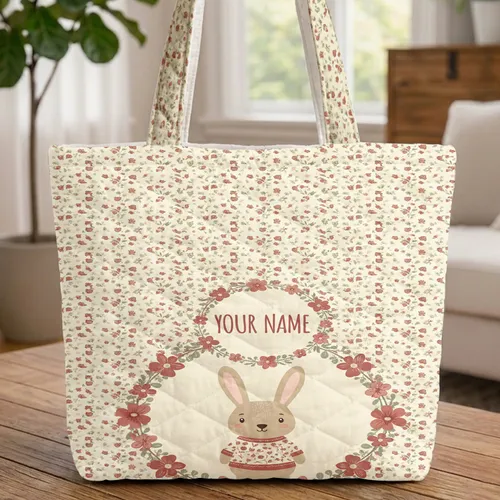 Cartoon Bunny Red Tunic Floral Wreath Ditsy Buds Leaves - Kids Birthday Gift Quilted Tote Bag