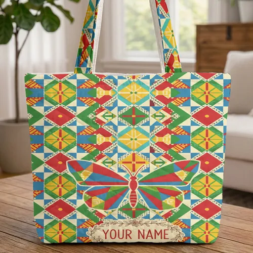 Butterfly Floral Wreath Geometric Patchwork - Nature Lover Gift Quilted Tote Bag