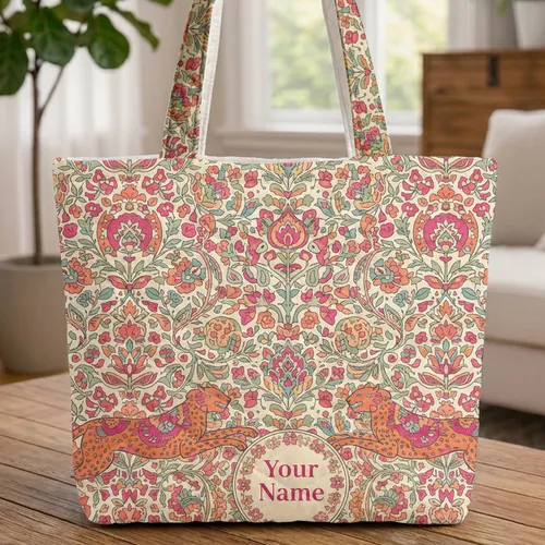 Leaping Felines Botanical Floral Paisley Personalized Name - Wildlife Lover Gift Quilted Tote Bag