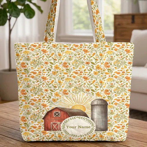 Personalized Name Barn Silo Wildflowers Sunrise - Farmhouse Decor Gift Quilted Tote Bag