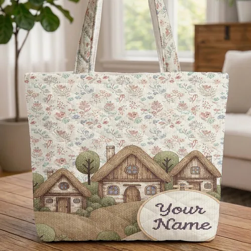 Folk Art Village Houses Frame Tiny Flowers - Farmhouse Home Decor Gift Quilted Tote Bag