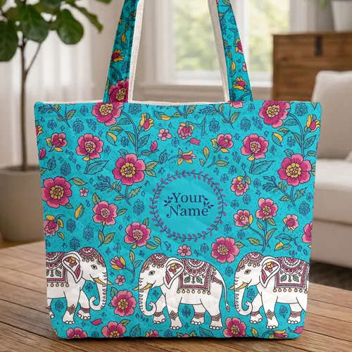 Ornate Indian Elephants Rose Floral Wreath Personalized Gift Quilted Tote Bag