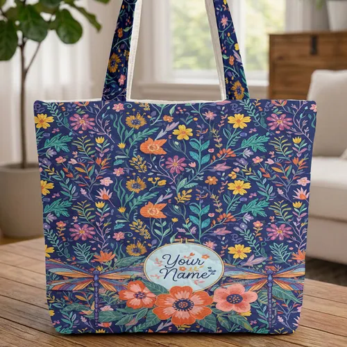Dragonfly Wildflowers Lush Flowers Botanical Vines Berries - Nature Lover Gift Quilted Tote Bag