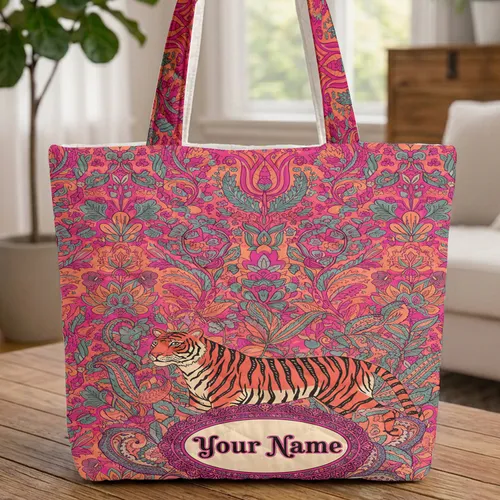 Majestic Tiger Indian Floral Tulips Personalized Name - Botanical Wildlife Gift Quilted Tote Bag