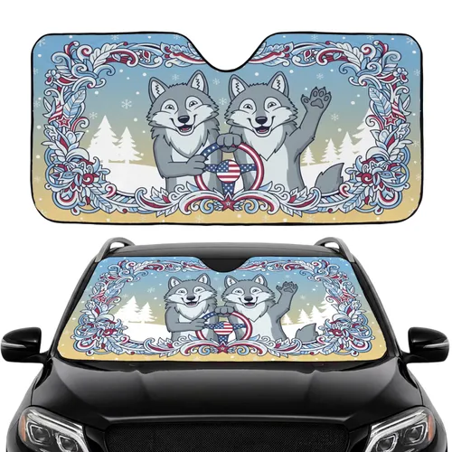 Two Friendly Gray Wolves American Flag Winter - Patriotic Wildlife Car Decor Car Sunshade