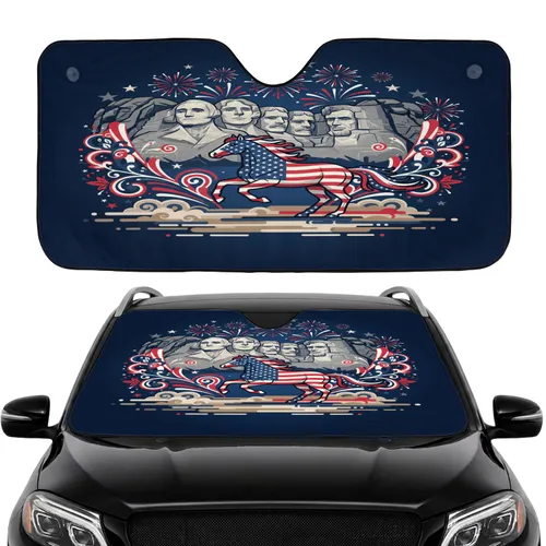Galloping American Flag Horse Mount Rushmore Fireworks - Independence Day Gift for Veterans Car Sunshade