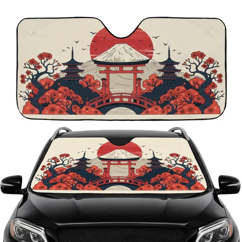 Mount Fuji Torii Gate Pagoda Red Sun Japanese Temple Hills Birds - Home Decor Gift Car Sunshade