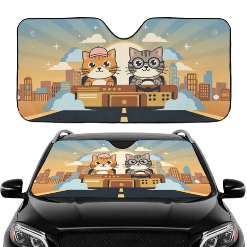 Cats Steering Wheel Cityscape - Everyday Vehicle Accessory Cat Lover Gift Car Sunshade