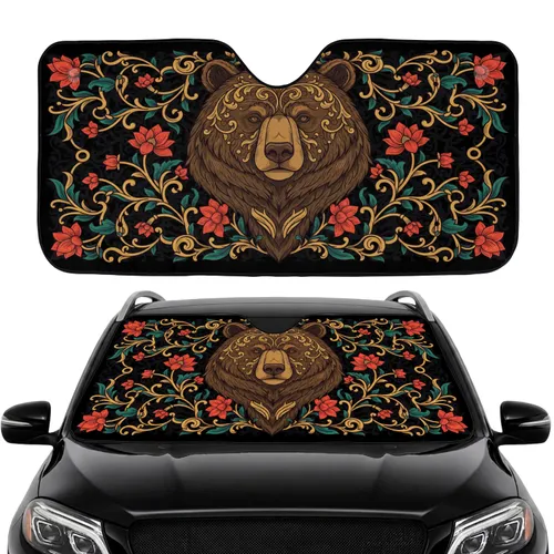 Ornate Grizzly Bear Golden Filigree Scrollwork Lotus Flowers & Teal Leaves - Wildlife Lover Gift Car Sunshade