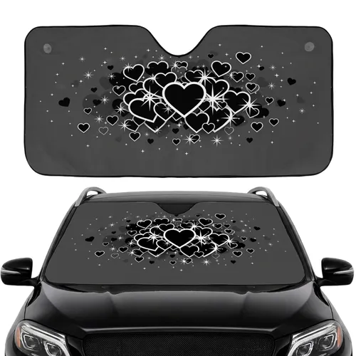 Layered Black Hearts White Starbursts Sparkle Dots Vehicle Interior Decor Car Sunshade