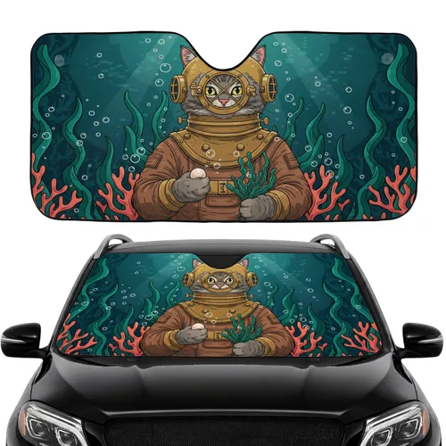 Fluffy Tabby Cat Diving Helmet Pearl Seaweed Coral Underwater - Deep Sea Ocean Life Gift Car Sunshade