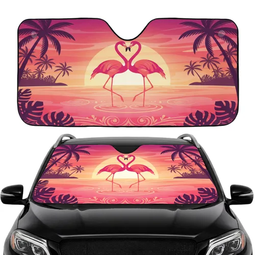 Flamingos Heart Tropical Island Sunset Seascape - Tropical Lover Gift Car Sunshade