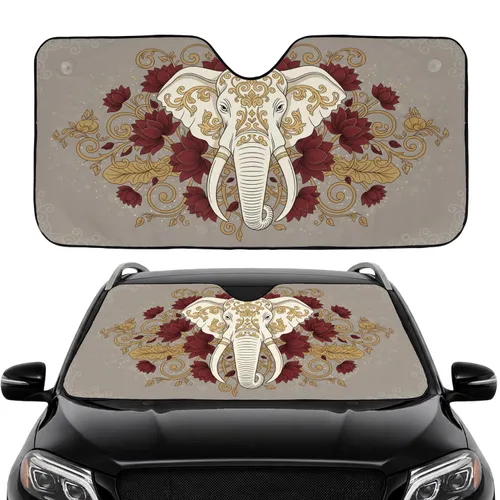 White Elephant Golden Filigree Lotus Flowers - Majestic Home Decor Wildlife Lover Gift Car Sunshade