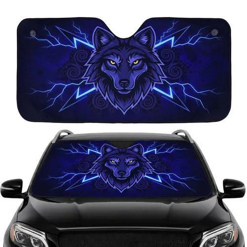 Indigo Blue Wolf Head Lightning Energy Swirls - Fantasy Lover Gift Car Sunshade
