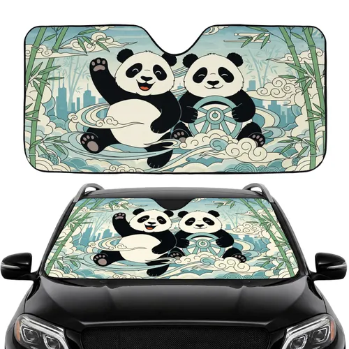Waving Panda Driving Bamboo City Silhouette - Wildlife Lover Everyday Auto Decor Gift Car Sunshade