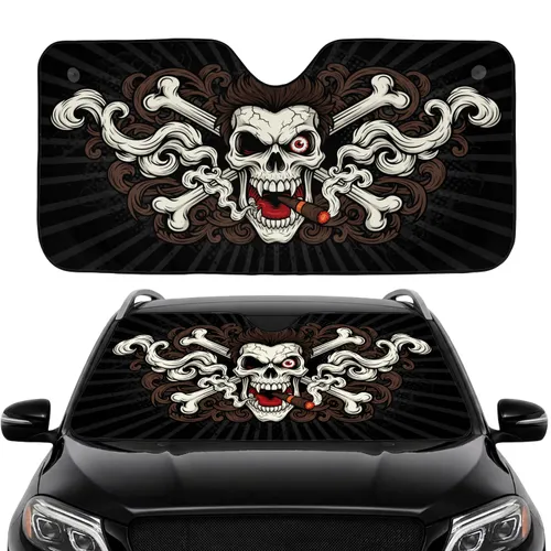 Cracked Human Skull with Burning Cigar and Bones Edgy Home Decor Gift Car Sunshade