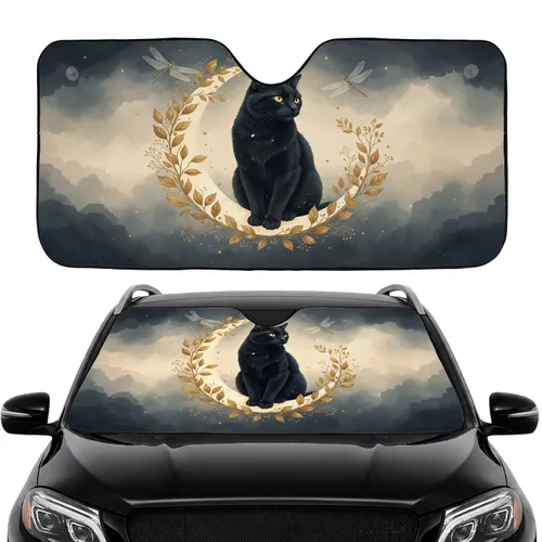 Black Cat Crescent Moon Botanical Dragonflies - Wildlife Cat Lover Gift Car Sunshade