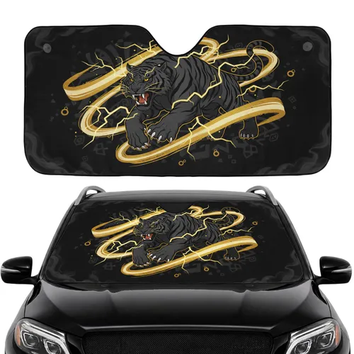 Deep Charcoal Black Mythical Snarling Tiger Bared Fangs Golden Lightning - Wildlife Lover Gift Car Sunshade