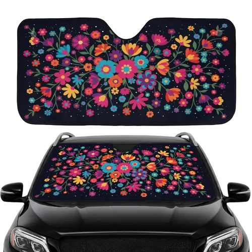 Vibrant Floral Bloom Cluster Green Leaves White Speckles Midnight - Everyday Car Decor Gift Car Sunshade