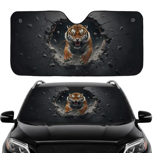 Fangs Bared Roaring Tiger Crumbling Concrete Wall Breakout - Tiger Lover Gift Car Sunshade