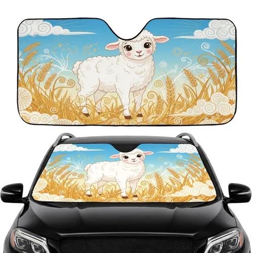 Fluffy White Lamb Golden Wheat Field - Farmhouse Decor Gift for Lamb Lover Car Sunshade