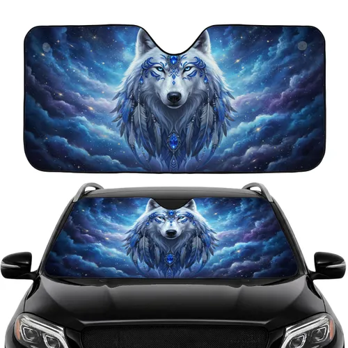 White Wolf Sapphire Gemstone Blue Feathers - Wildlife Lover Gift Car Sunshade