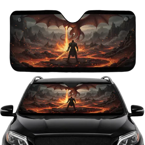 Armored Warrior Dragon Fire Battle - Volcanic Canyon Fantasy Decor Gift Car Sunshade