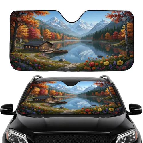 Mountain Lake Autumn Forest Cabin Floral Path - Tranquil Wilderness Home Decor Gift Car Sunshade