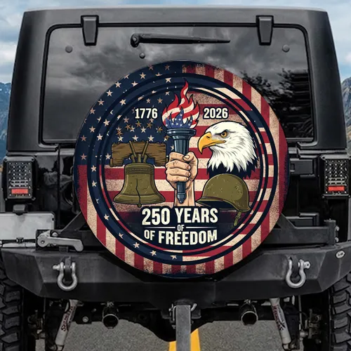 Hand Holding Torch Bald Eagle American Flag - 250 Years of Freedom 1776-2026 Spare Tire Cover